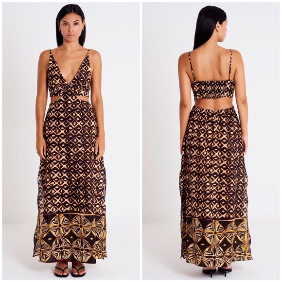 NWOT Vicolo Abito Fantasia Cut Out Maxi Dress Nero/Ocra Womens Medium - Picture 1 of 12